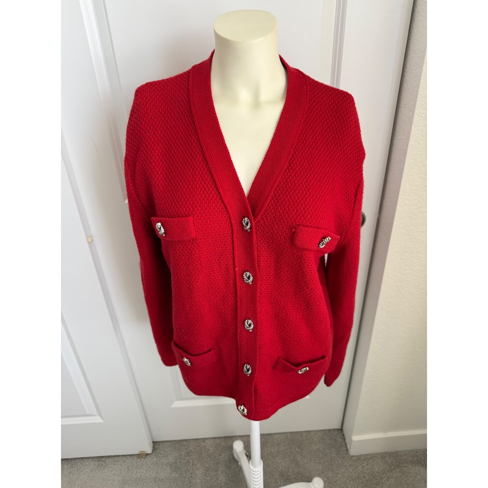 Karen Scott Vintage Red Knit Large Cardigan Sweater Silver Buttons Wool Blend